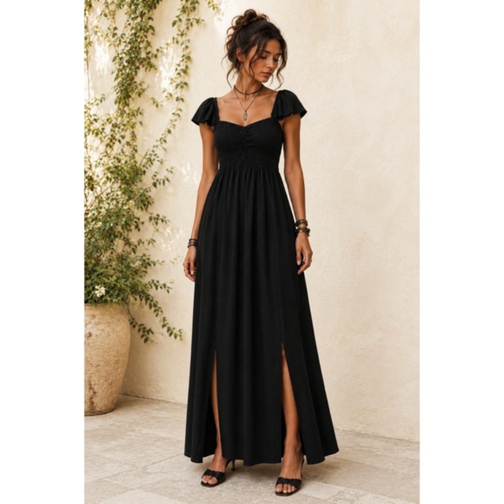 Anna Kaci Fairy Whimsigoth Milkmaid Maxi Dress M Black Smocked Flutter Sleeve